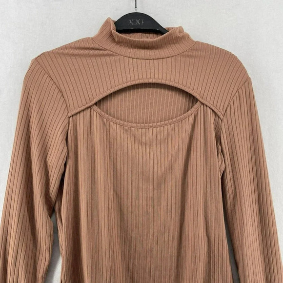 INC International Concepts Top Women's Sz Small Tan Ribbed Cut-Out Long Sleeves - Picture 6 of 12